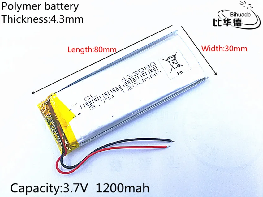 3.7V 1200mAh 433080 Lithium Polymer LiPo Rechargeable Battery ion cells For Mp3 Mp4 Mp5 DIY PAD DVD E-book bluetooth headset