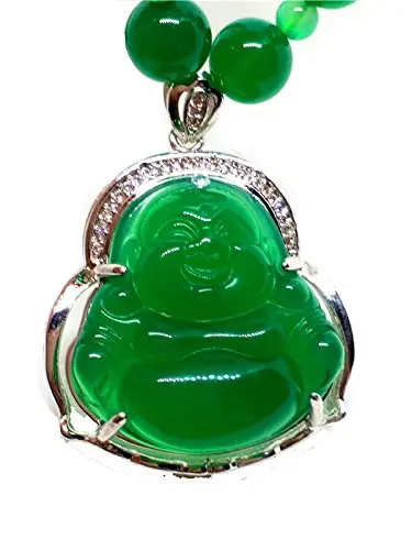 

Koraba Fine Jewelry 925 Silver Natural Green Jade Women Buddha Chalcedony Beads Necklace Free Shipping