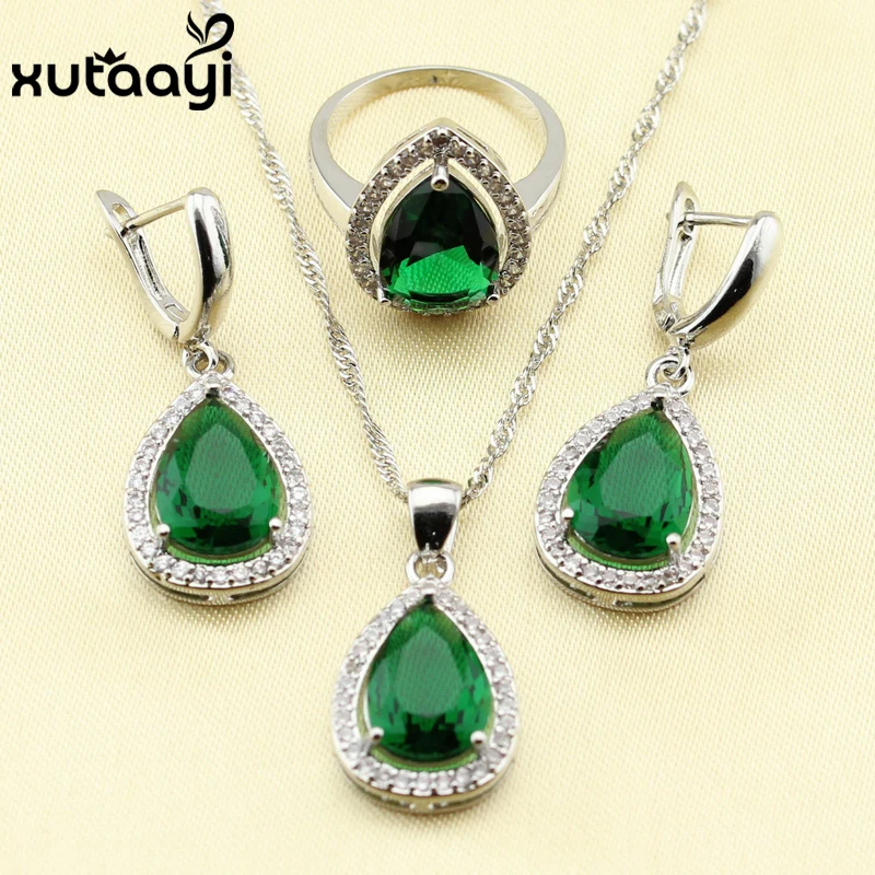 925 Silver Water Drop Wedding Jewelry Set For Women Green Stones White crystal Bracelet Earrings Necklace Pendant Rings