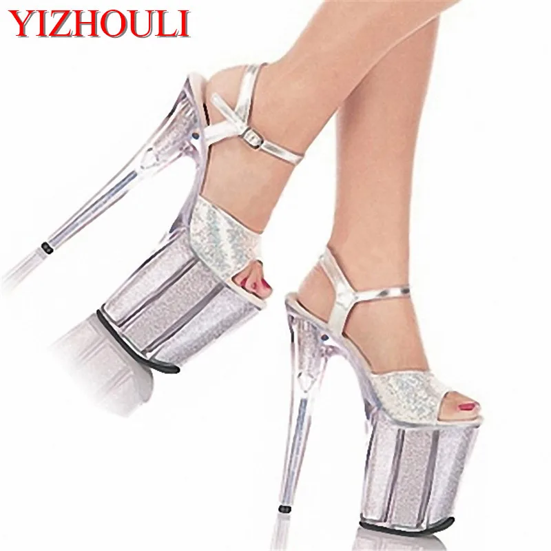 

Sequined silver grain material, 20cm stiletto elegant model performing on the stage in the high-heeled sandals
