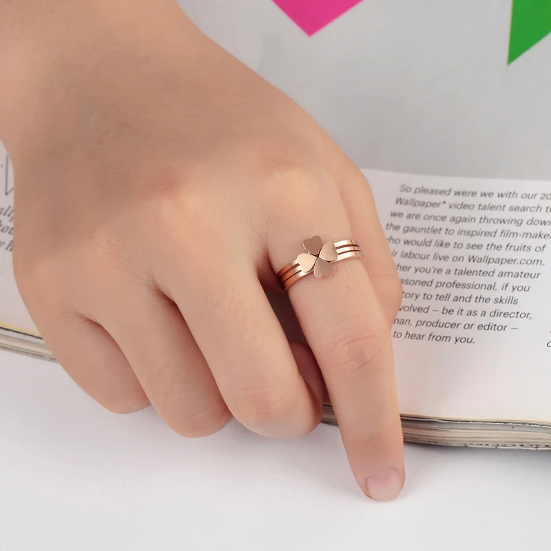 Classic Design Three Heart Ring Combination Stainless Steel Rings For Women Rose Gold Color Clover Jewelry Female Accessories