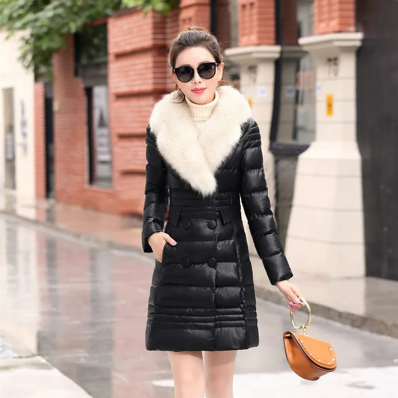 

Hot 2021 Korean Version New Winter Leather Jacket Coat Women Large Real Fur Collar Padded Down Jacket And Long Sections Coats