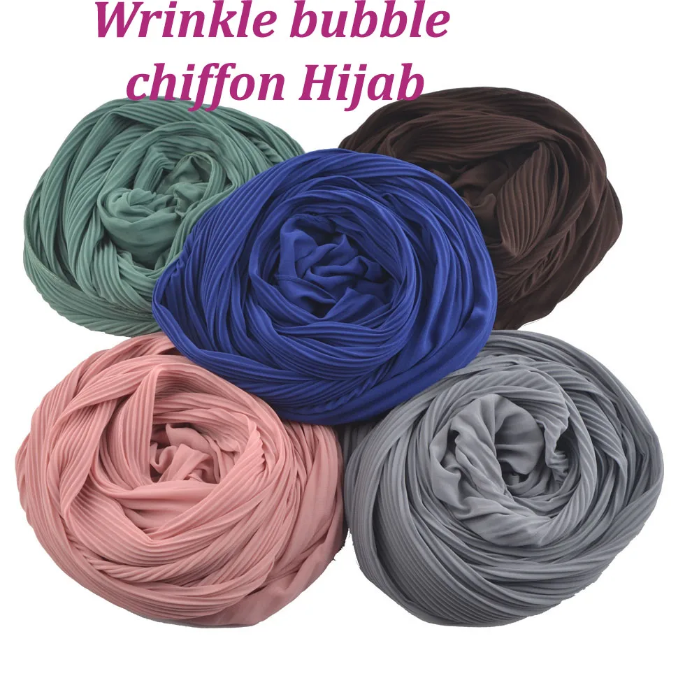 New Pleat Bubble Chiffon Shawls,Plain Wrinkle Polyester Scarf In High Quality,Muslim Hijab Head Wrap Wrinkle Scarves Solid Color