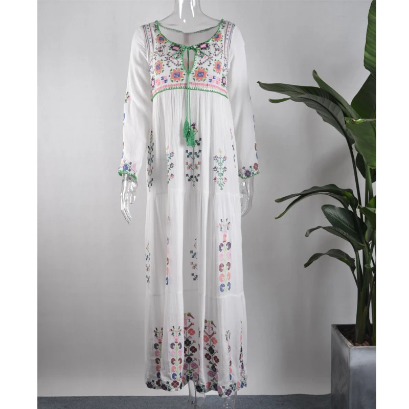 TEELYNN abito lungo ricamato floreale in cotone o-collo nappa manica lunga abiti estivi bianchi abiti Vintage da donna boho