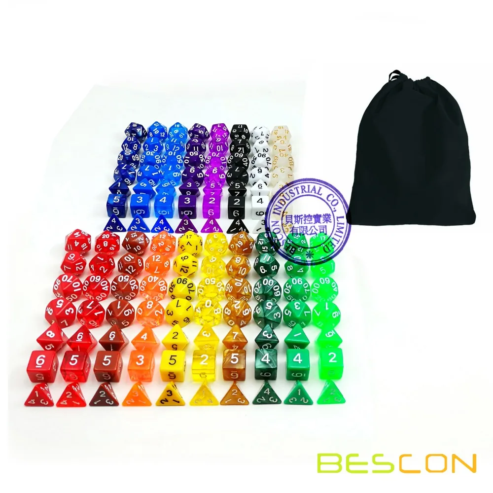 Bescon Multi-Colored RPG Dice Pack of 126 Polyhedral Dice 18 Complete Sets of 7 Dice 18 Different Colors - Black Velvet Bag