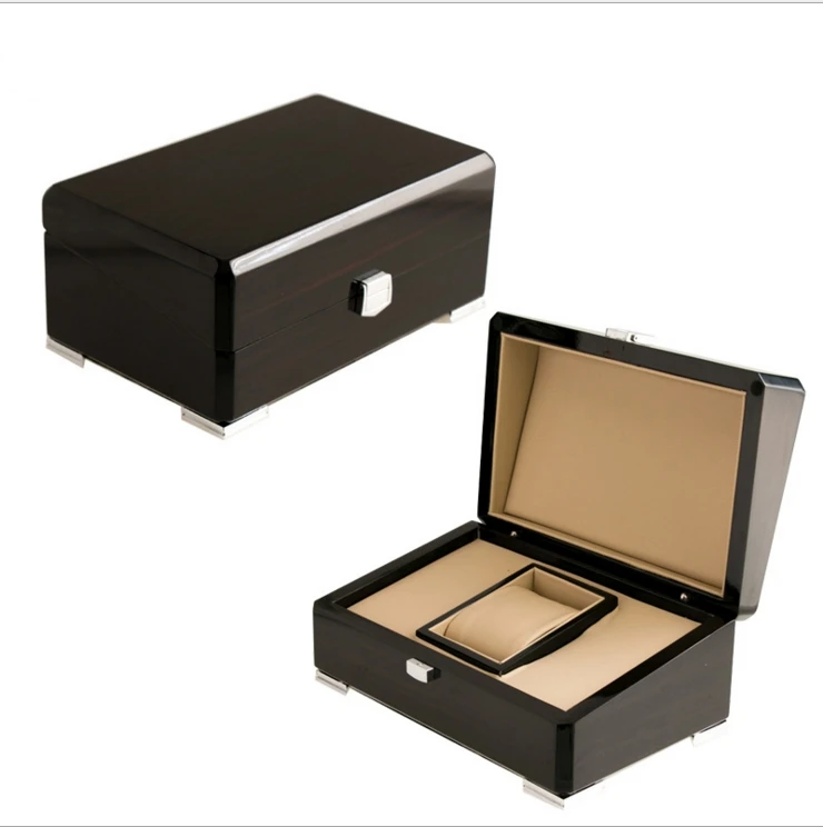 Luxury Black Wood Grain Lacquered High Gloss Watch Storage Display Organizer Box With Cushion