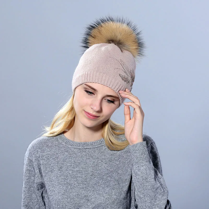 [YARBUU] winter Knitted hat for women Flower lace Rhinestone Hats For Women Beanies real mink fur ball cap female wool Skullies