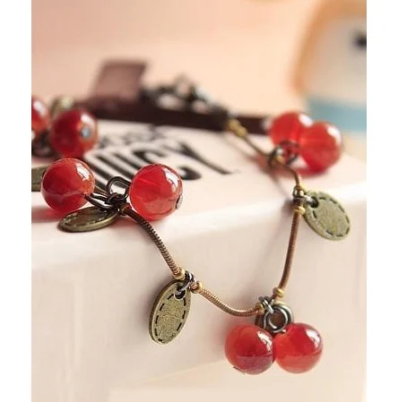 Vintage Sweet Cute Red Cherry Charm Bracelets & Bangles For Women Jewelry Retro Coin Bead Bracelet Mujer Pulseras Christmas Gift