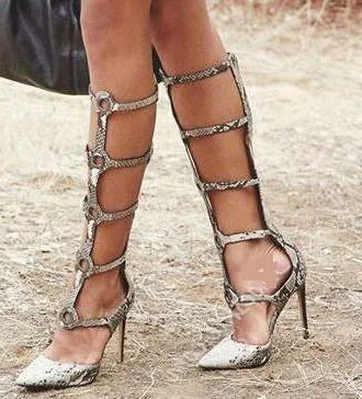 

Cheap Big Size Summer 2019 New Woman Python Snake Skin Cuts Out Pointed Toe Zipper Back Circles Metal Front Knee Sandals Boots