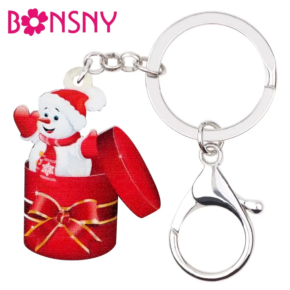 Bonsny Acrylic Christmas Snowman Gift Box Key Chains Keychain Ring Car Charms Pendant Xmas Decoration Navidad Women Girl Jewelry