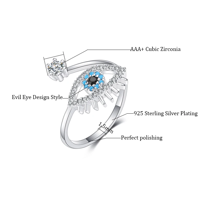 Fashion Cubic Zircon Turkey Round Eye Ring Classical Adjustable Evil Eye Open Ring For Women Engagement Bohemia Jewelry Gift