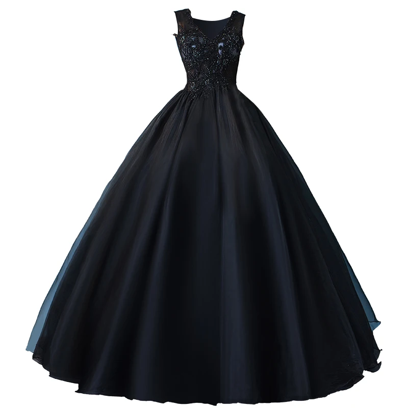 Baru Kedatangan V-Leher Appliques Beaded Hitam Quinceanera Gaun 2019 Bengkak Gaun Bola Gaun Prom Saham Vestidos De Quinceanera