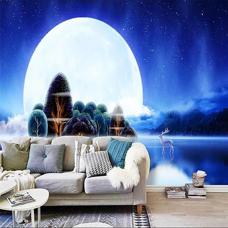 wellyu papel de parede Romantic beautiful moon blue forest deer dark night empty wall custom large fresco green wallpaper