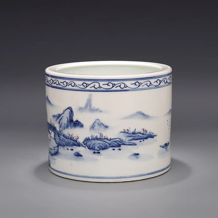 Qing Yong Zheng Year Mark Handpainted blue and white mountains household pen container stationery pen vase antique porcelain