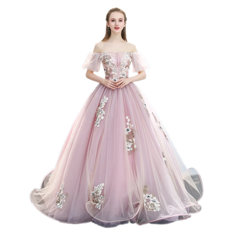 light pink bubble sleeve luxury medieval dress ball gown princess Medieval Renaissance Gown queen Cosplay Victorian Belle ball