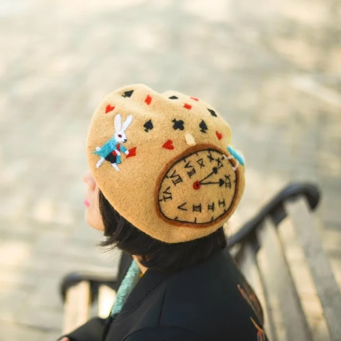 Faramita Holiday Alice in Wonderland Watch Women Girls Manual Berets Winter Fall Hand Made Beret Hats for Female Caps Wool Hat