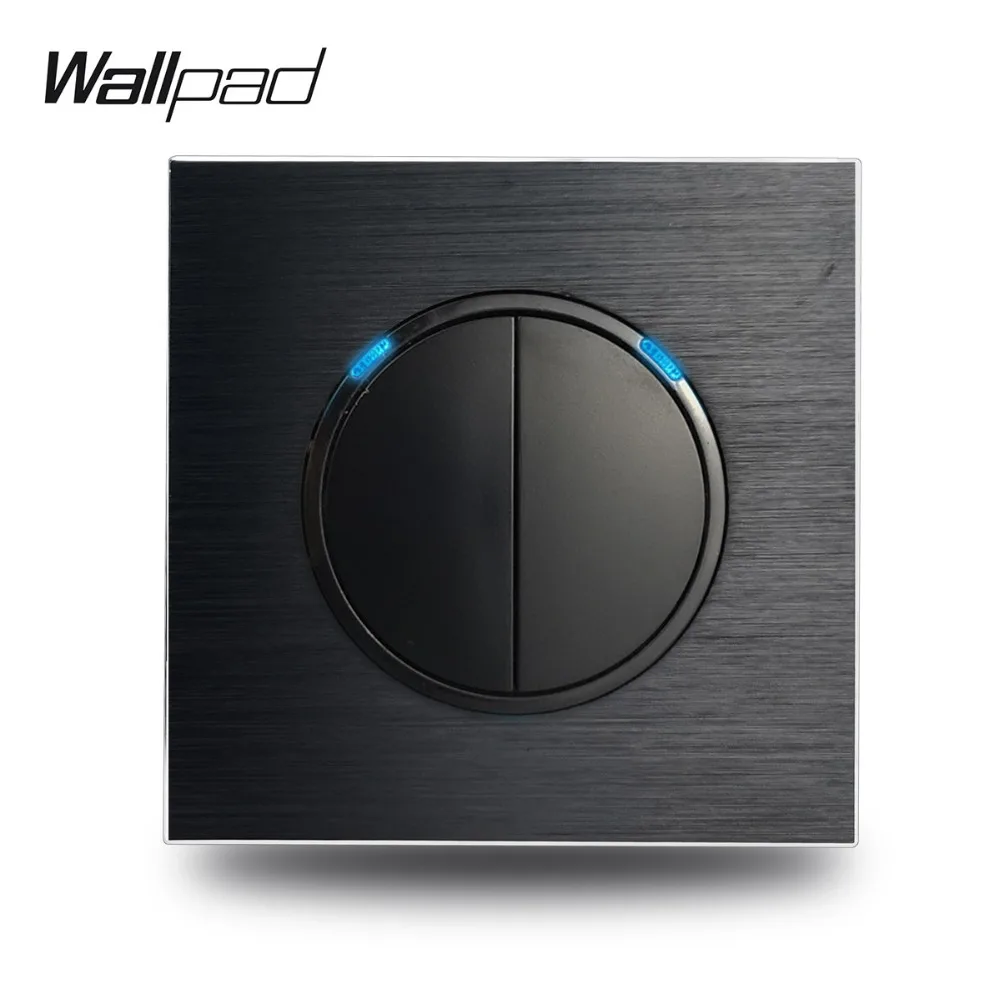 

Wallpad L6 Satin Black Metal Aluminum Plate 2 Gang 2 Way Wall Light Switch Click Push With Blue LED Indicator Round Design