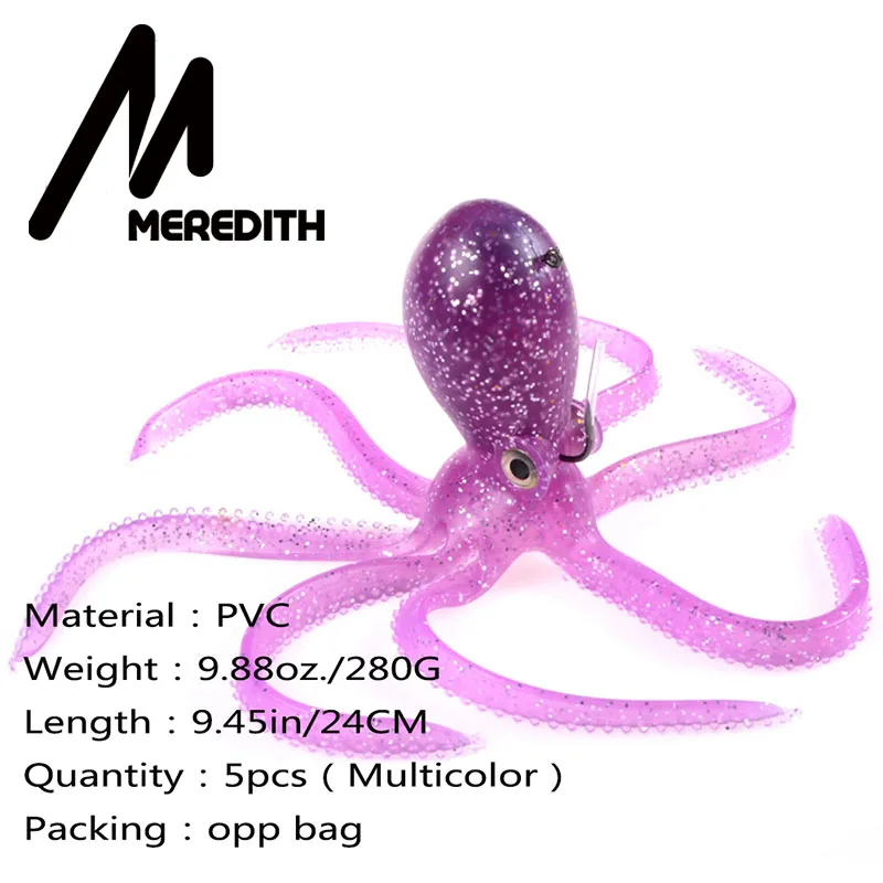 Meredith 5pcs 9.45in PVC Artficial Octopus Soft Bait with Treble Hooks for Saltwater Lingcod Rockfish Fishing Free Shipping