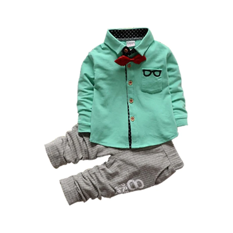 Spring Autumn Boys Clothing Sets 2021 New Casual 2pcs Suit Bowknot Shirt + Stripe Pants Children Gantelman Elegant Outfit