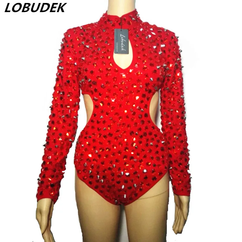 

Red Rhinestones Rivet Bodysuit Long Sleeve Romper Women Jazz Dance Costume DJ Singer Bar Stage Wear Sexy Performance Clothes