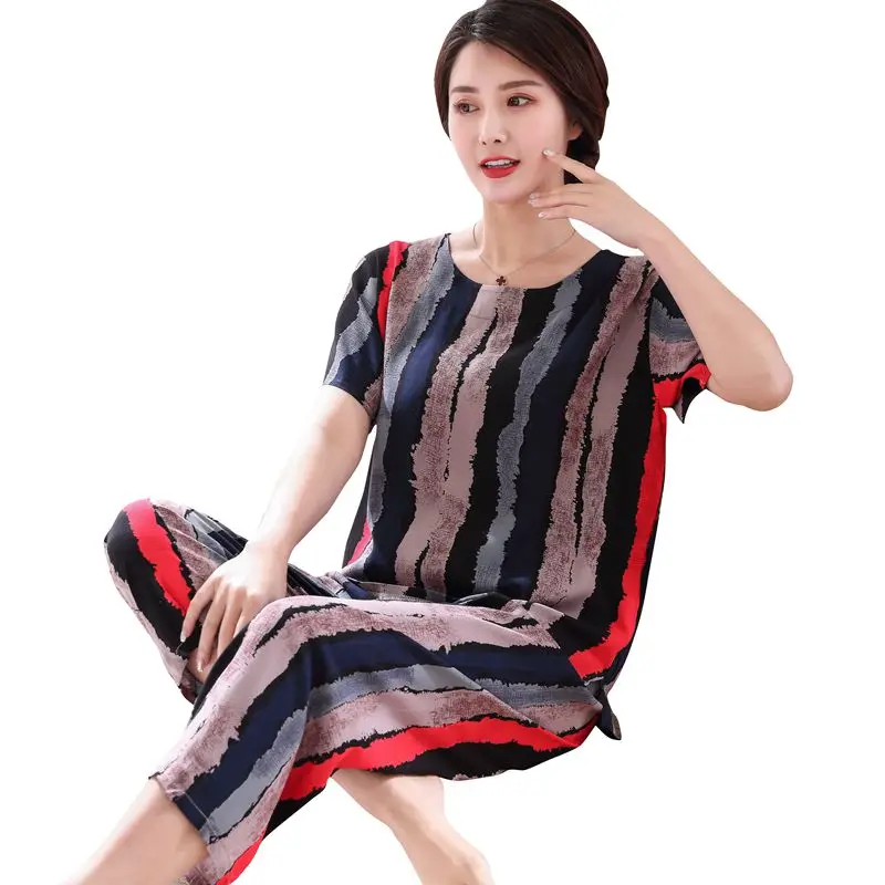 2PC Women Cotton Pajamas Set Summer New Thin Floral Short Sleeve Loose Sleepwear Casual Homewear Female Pyjamas Wholesale