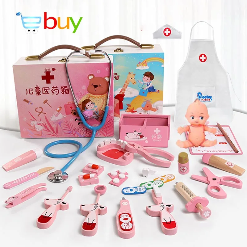 

Wooden Toys Doctor Medical Box Nurse Cosplay Dentist Medicine Chest with Doll Uniform Stethoscope Pretend Play Gift for Children