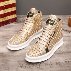 Fashion Casual Shoes Mens Solid Rivets High Top Sneakers Bottom Flats Fashion Ankle Lace-Up Shoes Ankle Boots Zapatillas Hombre