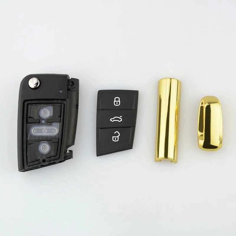 OkeyTech 3 Button Gold Shiny Metal Side Flip Folding Remote Car Key Shell for V W Golf 4 6 7 MK7 T5 Passat B5 Octavia Skoda