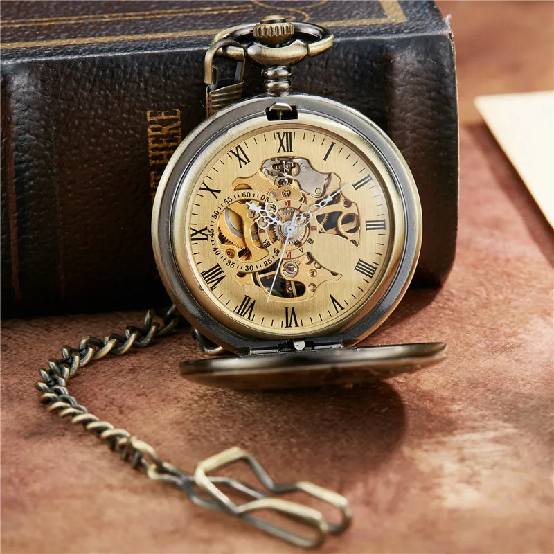 Unique Carving Vintage Train Bronze Roman Dial Mehanical Pocket Watch FOB Chain Smooth Hand Wind Mechanical Mens Womens Watches