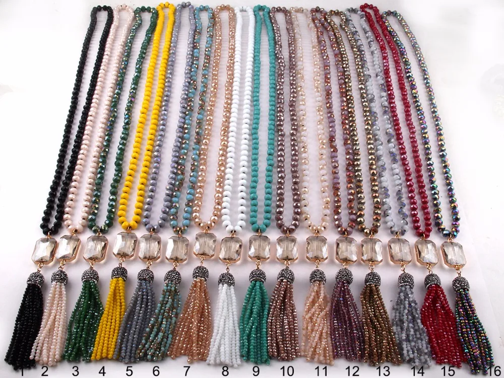 Fashion Bohemian Jewelry Glass Long Knotted Rectangle Crystal Link Tassel Necklaces For Women