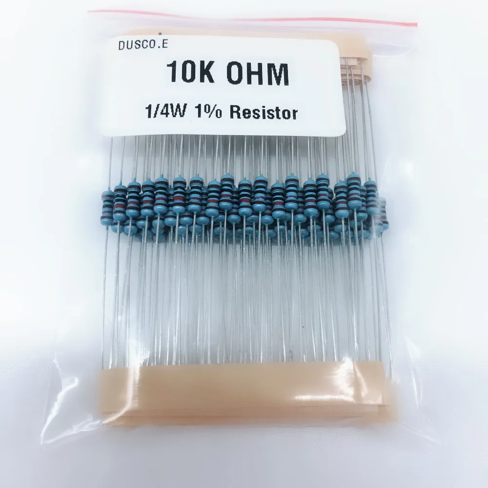 100 pcs 1 Pack 1/4W 1% Metal Film Resistor 10K 100R 120R 220R 330R 470R 680R 1K 2K 2.2K 4.7K 6.8K 20K 100K 220K ohm resistance