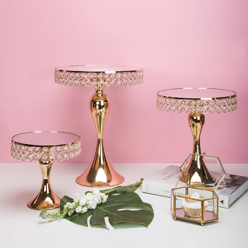 New arrive Gold Crystal cake stand set Electroplating gold mirror face wedding party table candy bar table decorating tools