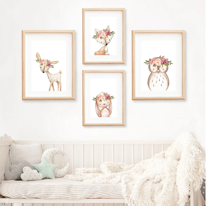 Pink Peonies Woodland Animals Nursery Wall Art Canvas Painting Pictures Boho Fox Deer Rabbit Owl Posters Print Baby Room Decor