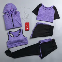 Vendita calda donne quick dry yoga set yoga giacca + t shirt + reggiseno + pantaloncini + pantaloni fitness abbigliamento da palestra donna sport running soft set