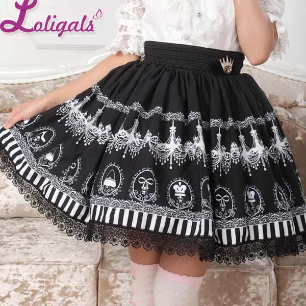 Black Chandelier Printed Fairy Tale Themed Lady's Pleated Lolita Skirt Free Shipping