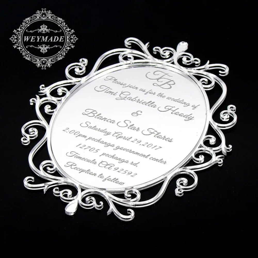 65pcs Personalized Silver Mirror Acrylic Vintage Invitation For Sweet Sixteen Birthday Wedding Engagement Anniversary Party