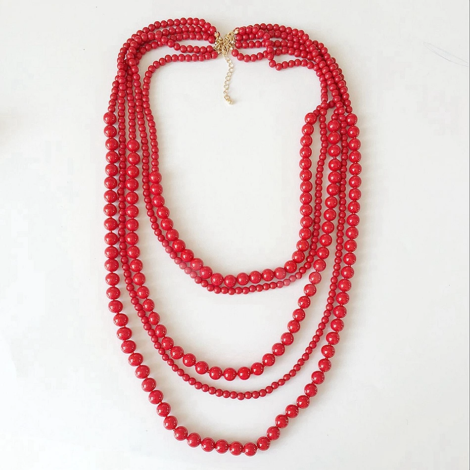 Red Fashion Statement Five Layers Acrylic Beaded Necklace For Female Girls