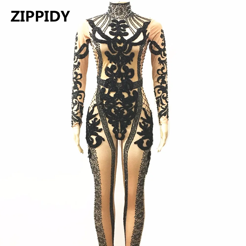 Sexy Sparkly Black Crystals Jumpsuit Prom Performance Outfit Party Celebrate Glisten Stones Costume Bodysuit Stage Wear Rompers