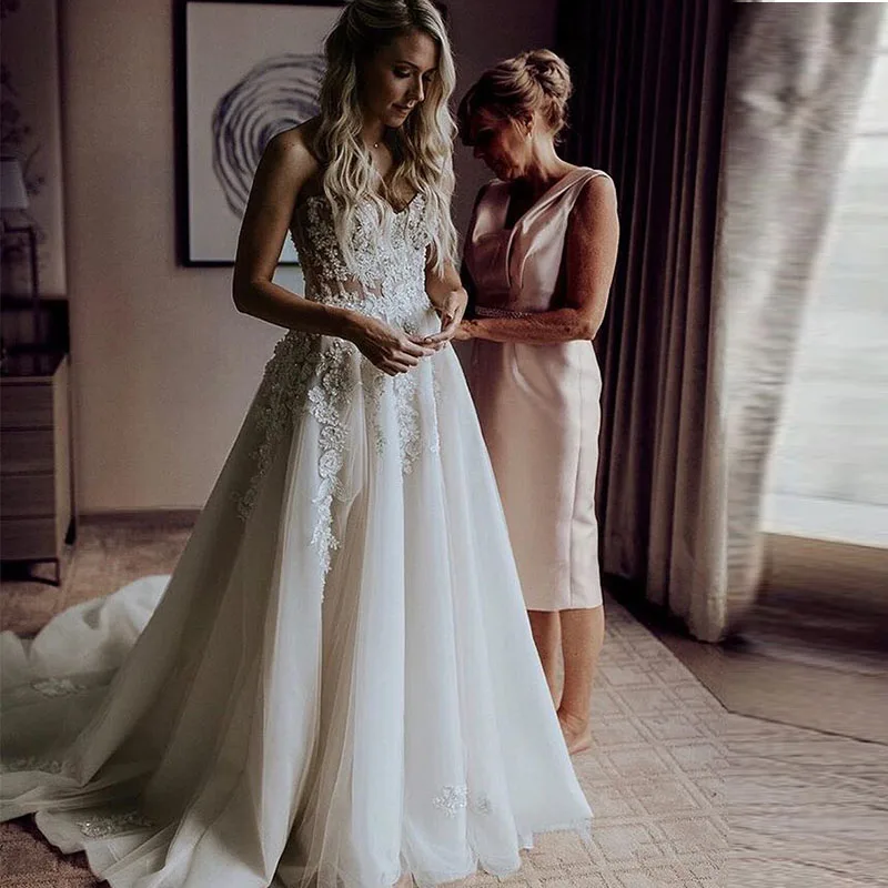 Robe De mariée élégante en dentelle, Corset transparent en Tulle, avec des Appliques en dentelle, collection 2019