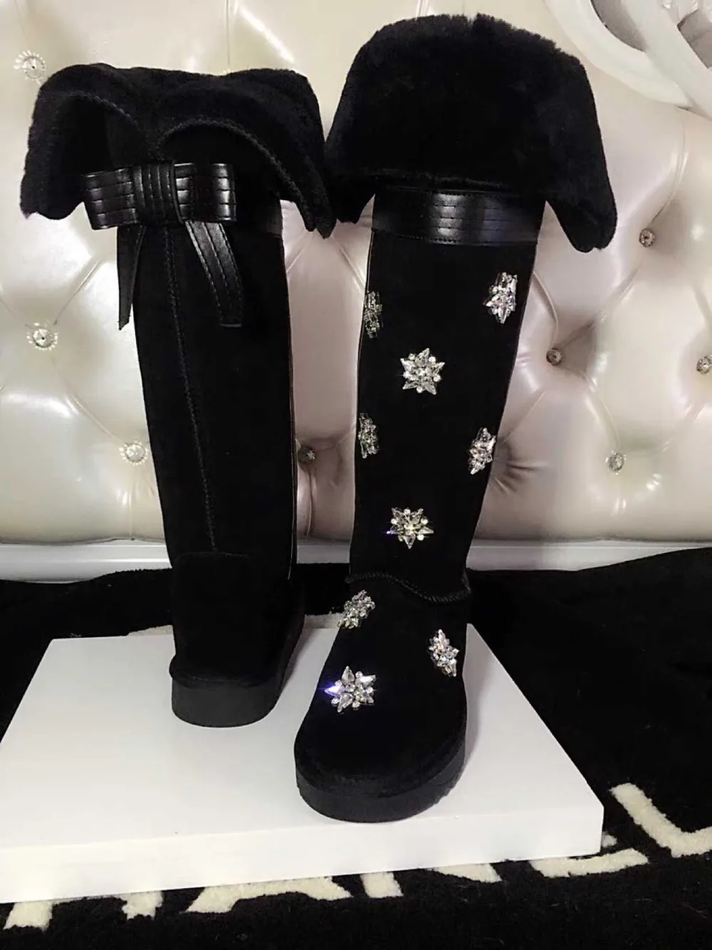 Hot Winter Glitter Crystal Snow Flowers Studs Snow Boots Women Warm Plush Collar Down Back Bowtie Over the Knee Boots