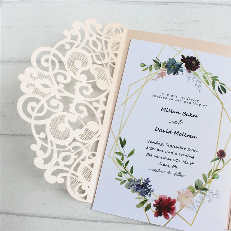 Invitation card wedding laser cut with envelop elegant dusty pink tri-folding offer customized printing multi colors 50pcs