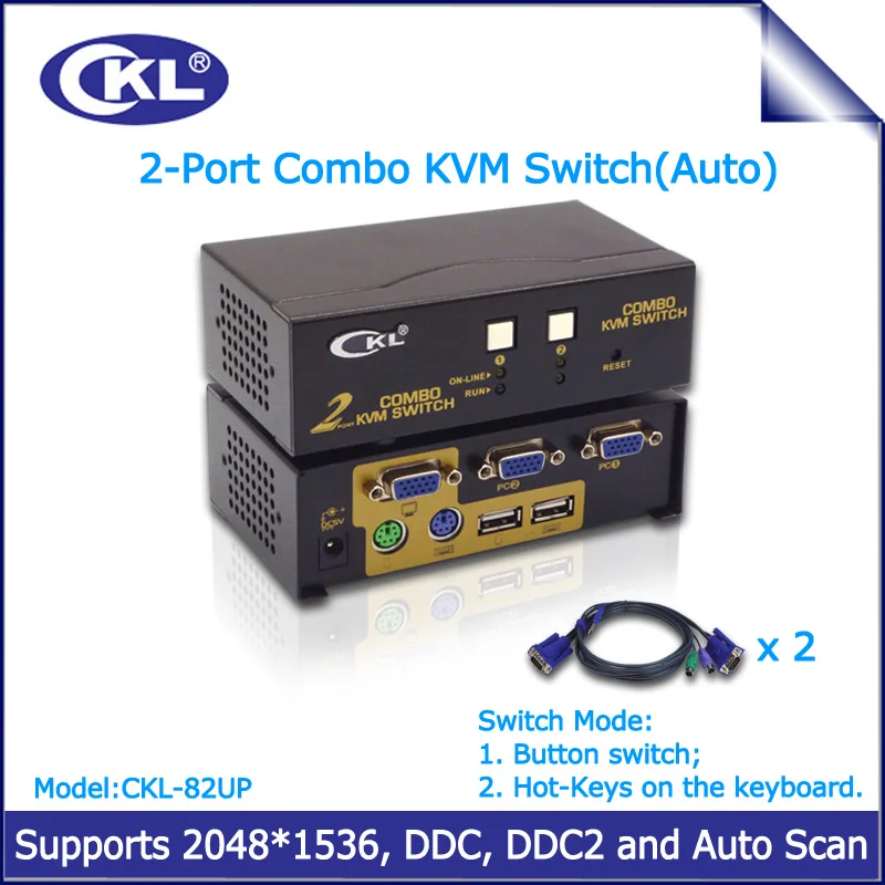 CKL-interruptor KVM de 2 puertos USB 2,0 PS/2 VGA con Cables, compatible con escaneo automático, teclado de Monitor de PC, ratón, DVR, NVR, conmutador de servidor, CKL-82UP