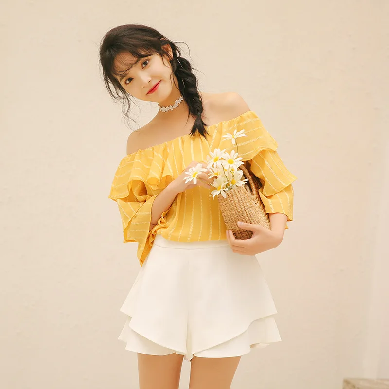 Strapless Short Sleeve Chiffon Shirt Women's Summer Slash Neck Sweet Chic Blouse Top Girl Flare Sleeves New Korean Shirts H9158