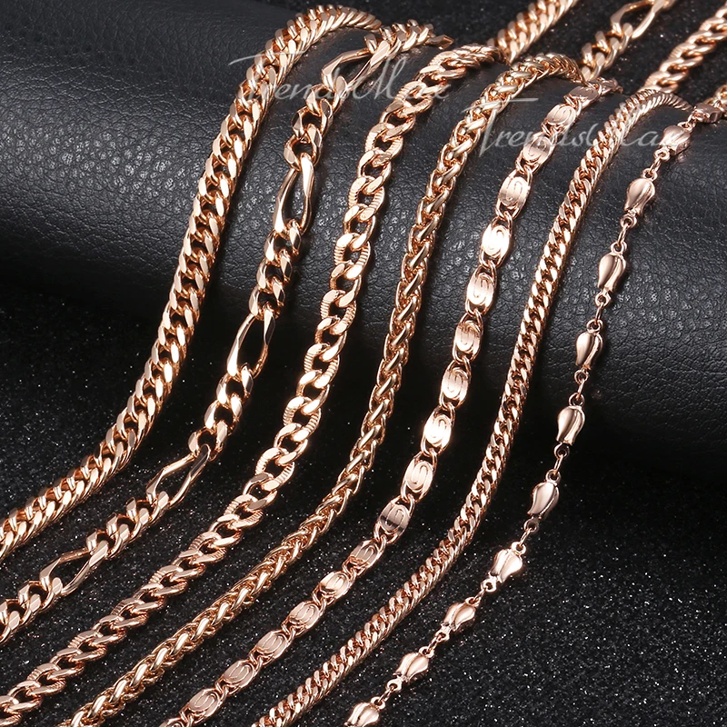 Womens Necklace Bismark Chain 585 Rose Gold Color Necklace Hammered Curb Cuban Rombo Link 3/4/4.5/5mm GNM01