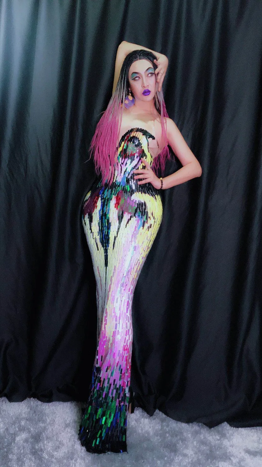 Female Costume Multicolour Sequins One Piece Dresses Sexy Singer Dancer Nightclub Party Costumes Prom Stage Wears Performance