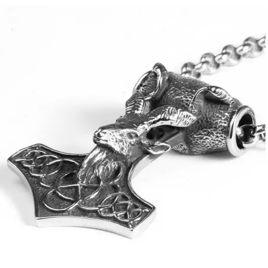 

Gothic Large Heavy Biker Stainless Steel Men Biker sheep Thor's Hammer Mjolnir Necklace pendant 4mm 28'' Rolo Chain