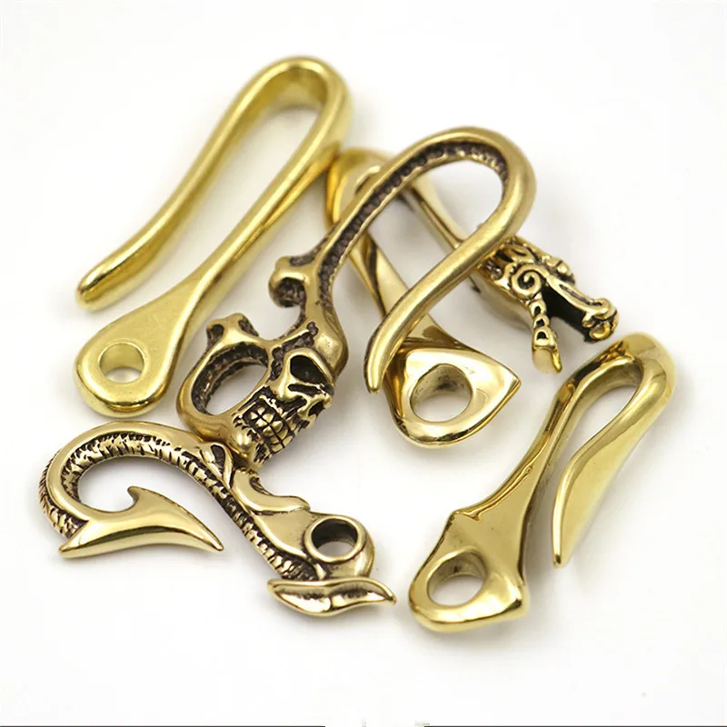 Solid Brass Belt U Hook Skull Dragon Bamboo Fish Hook Fob clip Keychain Key Ring Wallet Chain Hook Leather Craft Decor 4 styles