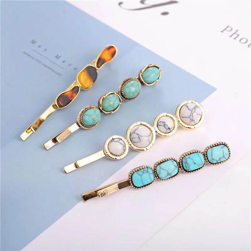 2pcs/Set Korean Fashion Women Girls Gold Metal Geometric Hair Clips Natural Stone Hairpins Vintage Barrettes Hair Accessories