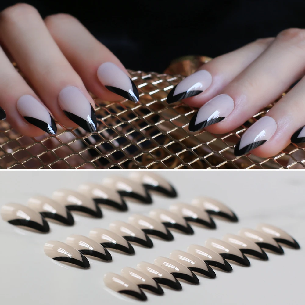 Nude French V Black Contour nails Pink Stiletto fake nail 24pcs false nails white point Naturally Full set  with Stickers