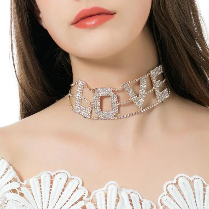 Romantic love Rhinestone Chain Choker Necklace For Women Chunky Crystal Chain Choker Collar Fashion Bridal Jewelry Colliers